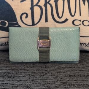 Authentic Salvatore Ferragamo Light Blue Lizard Embossed Vara Bow Long Wallet